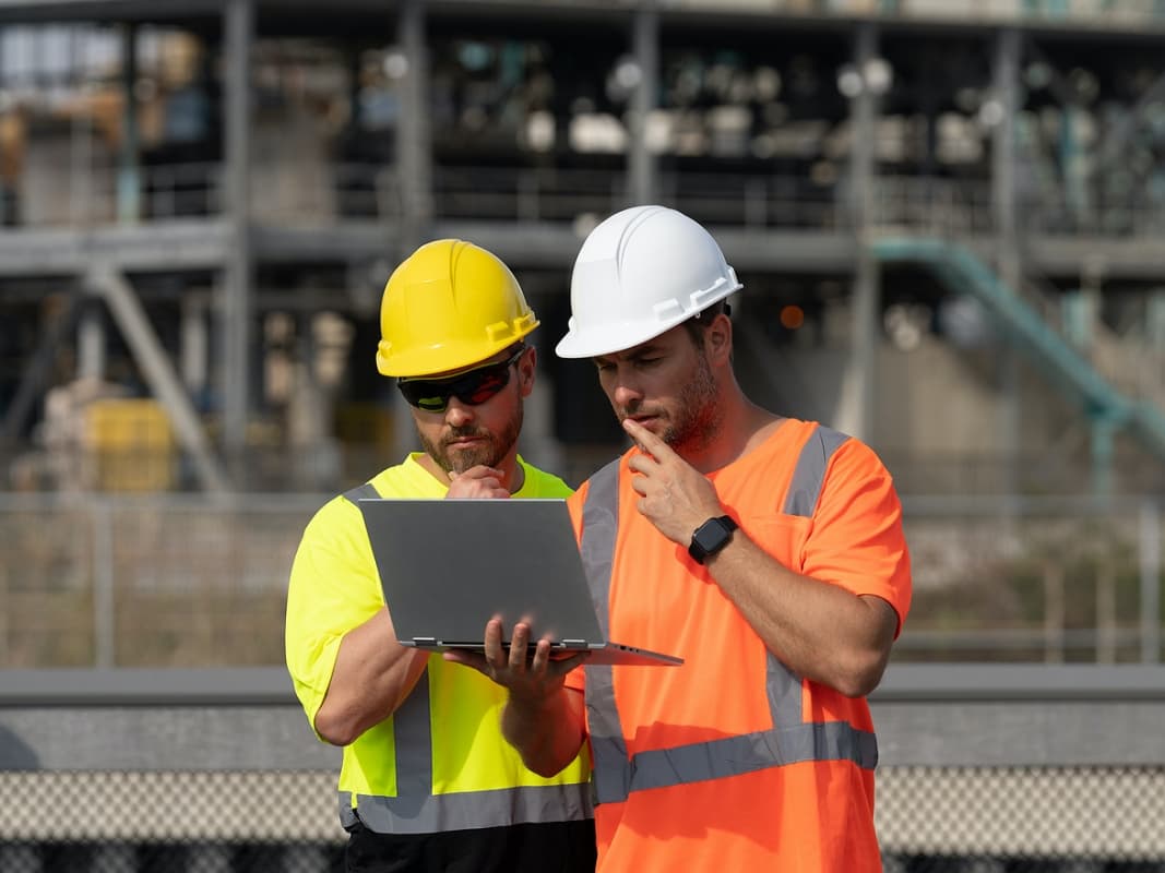 Two men in hard hats and safety vests focused on a laptop screen.
