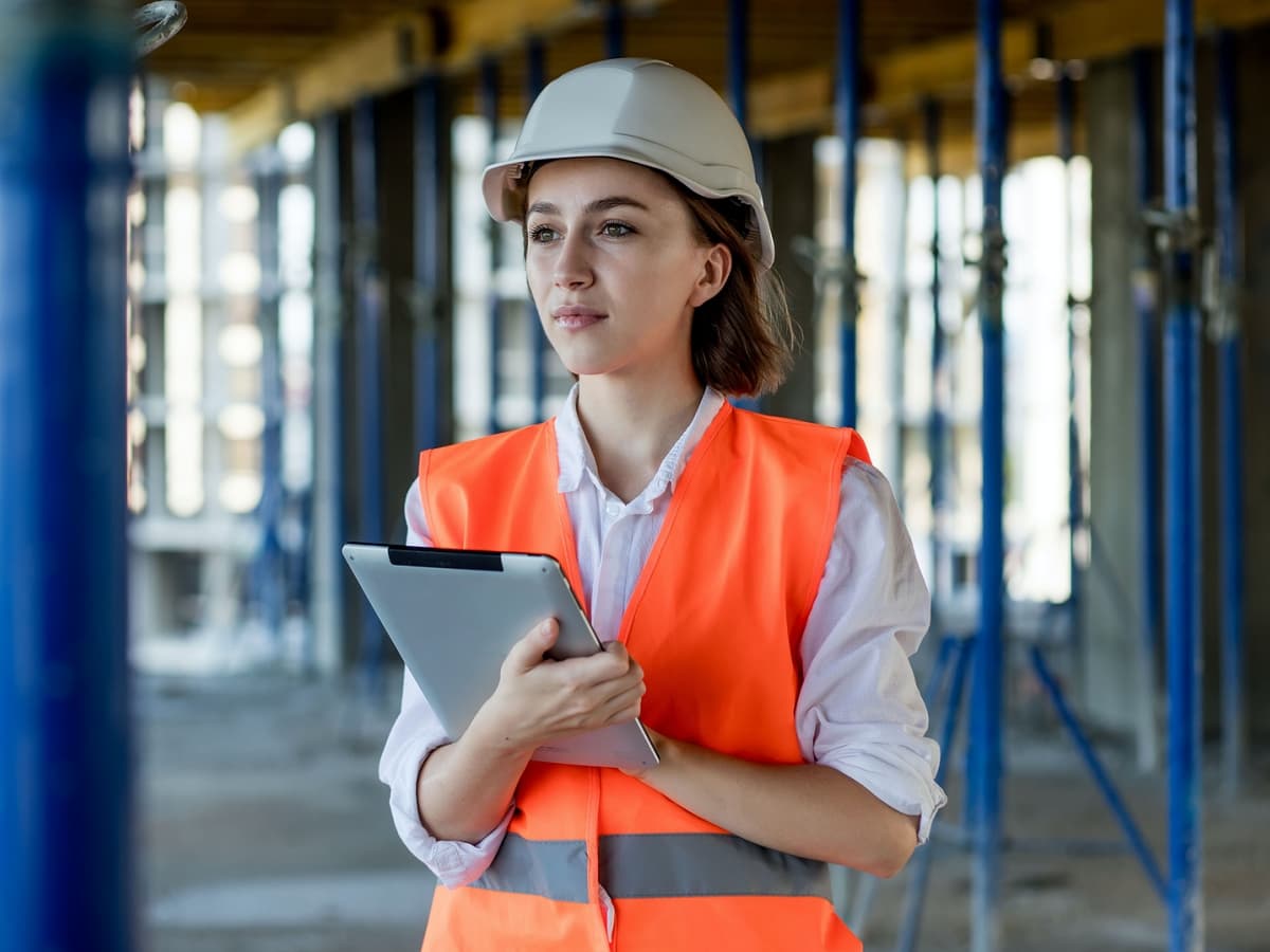 Female worker with tablet in orange vest.