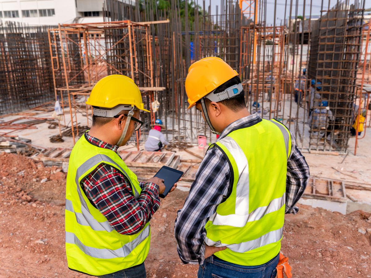 Two people in high-visibility vests, flannel, and hard hats stand at a construction site looking at a mobile device