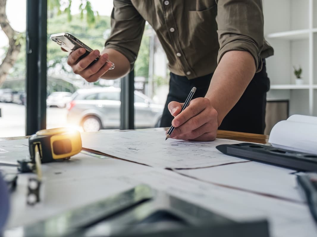 Worker using phone and working on desk project simultaneously